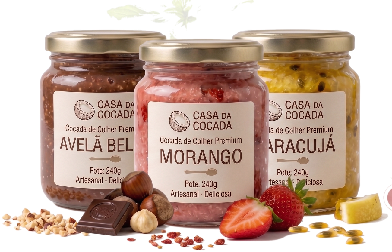 Potes de cocada de colher nos sabores avelã belga, morango e maracujá